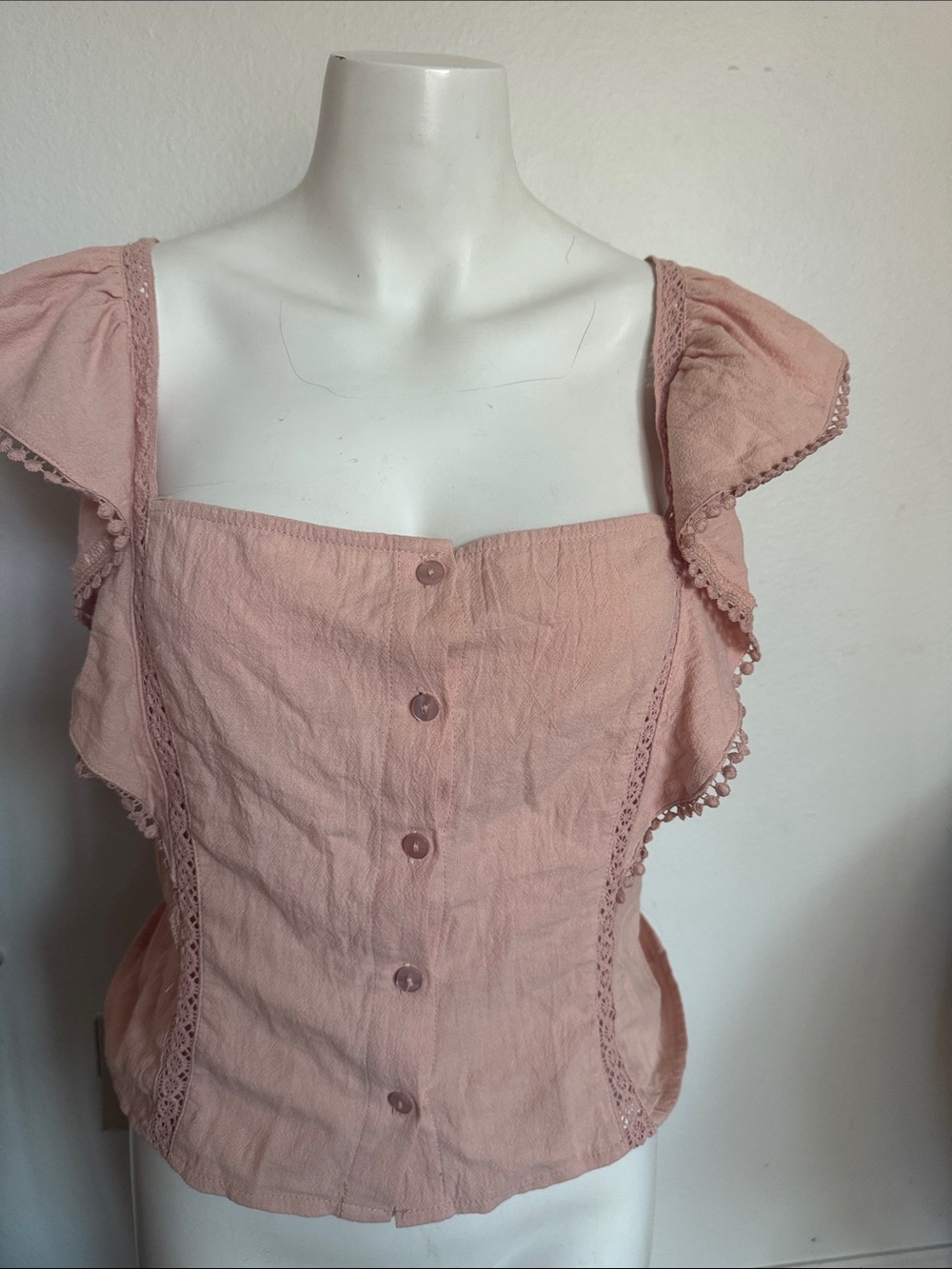 Halo Blush Pink Button-Front Ruffle Sleeve Top